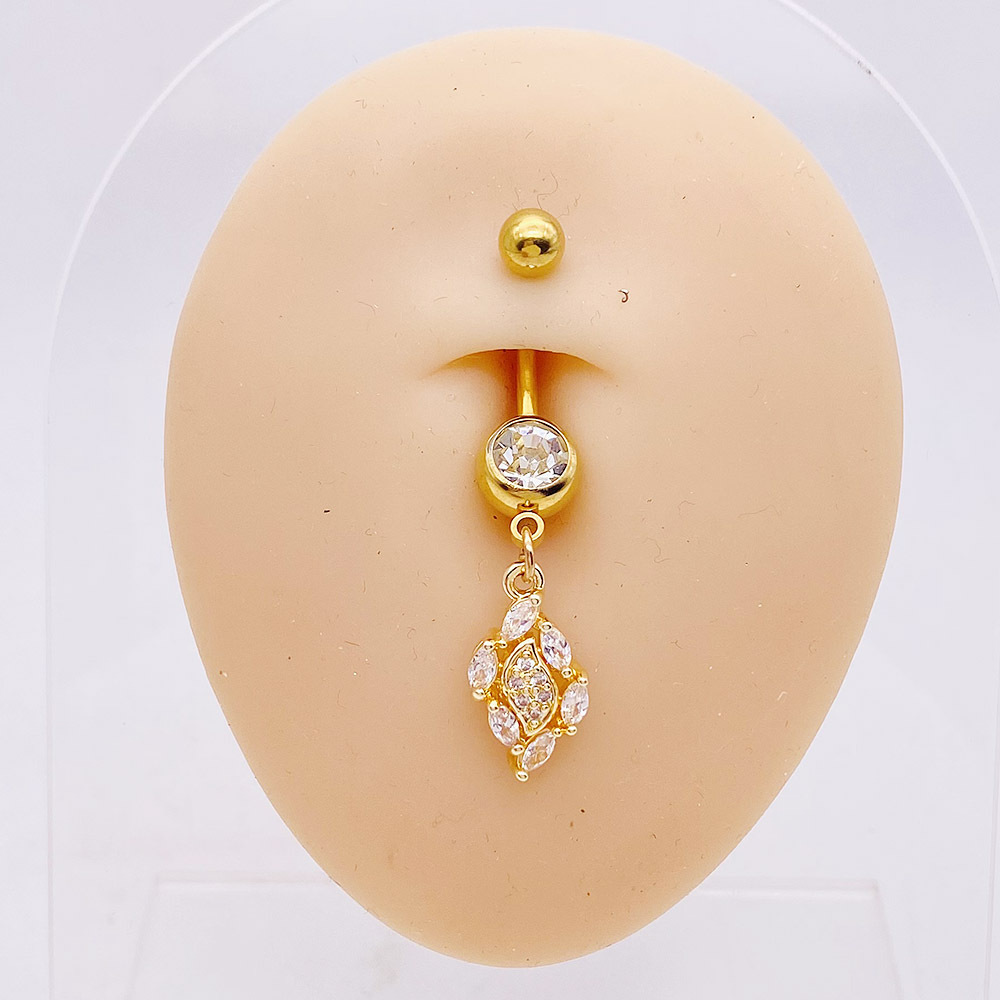 Steel belly button piercing – a cross adorned with tiny zircons, a round  zircon