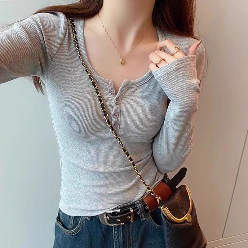 American button half-open collar inner long-sleeved T-shirt for women's autumn and winter new slim-fitting and slim shoulder base shirt top