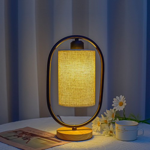 Nordic table lamp bedroom bedside simple personality creative new Chinese style retro fabric warm solid wood dimming night light