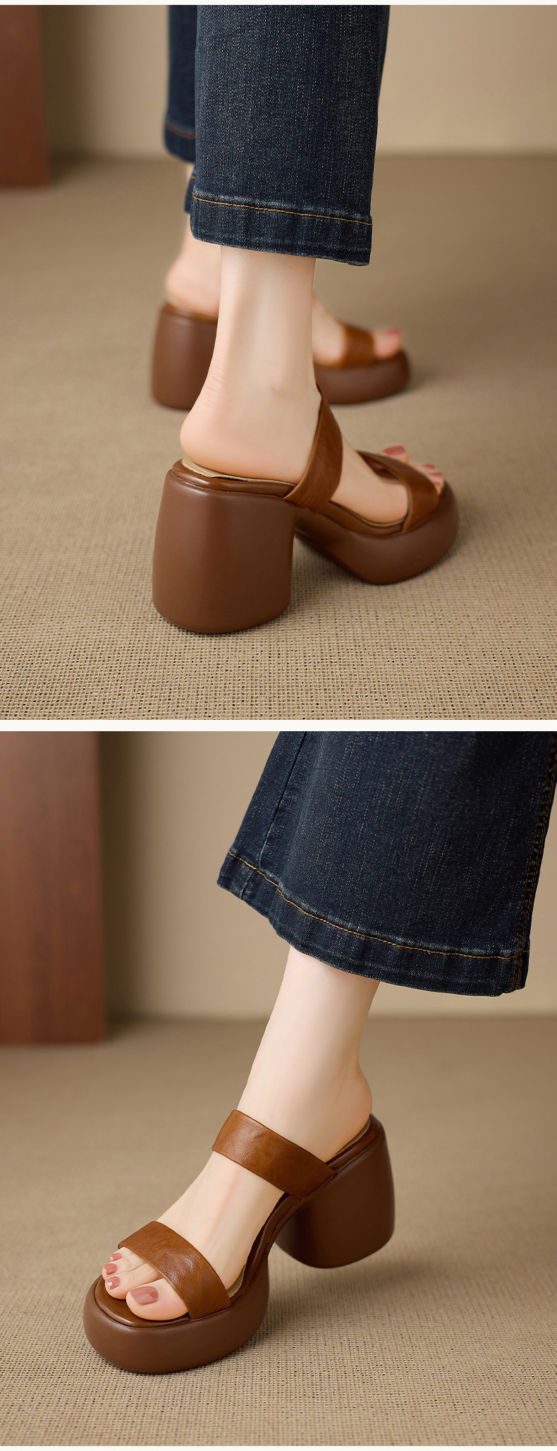 Sandal cao gót nữ quai ngang hở mũi đế xuồng gót vuông 9 cm — màu nâu, màu đen, màu trắng ngà chi tiết 7