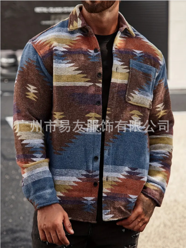 Amazon 2023 Otoño e Invierno Nuevos hombres europeos y americanos de un solo cuello de pecho patrón geométrico Jacquard abrigo de lana de los hombres de cercanías