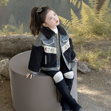 外贸女童牛仔拼接毛毛衣外套2025新款韩国冬款洋气大衣代发童装潮