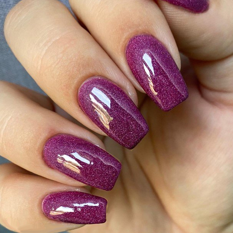 Cross-border flash manicure mid-length purple shiny wear nail foreign trade pure desire ins wind belt glitter fake nail piece