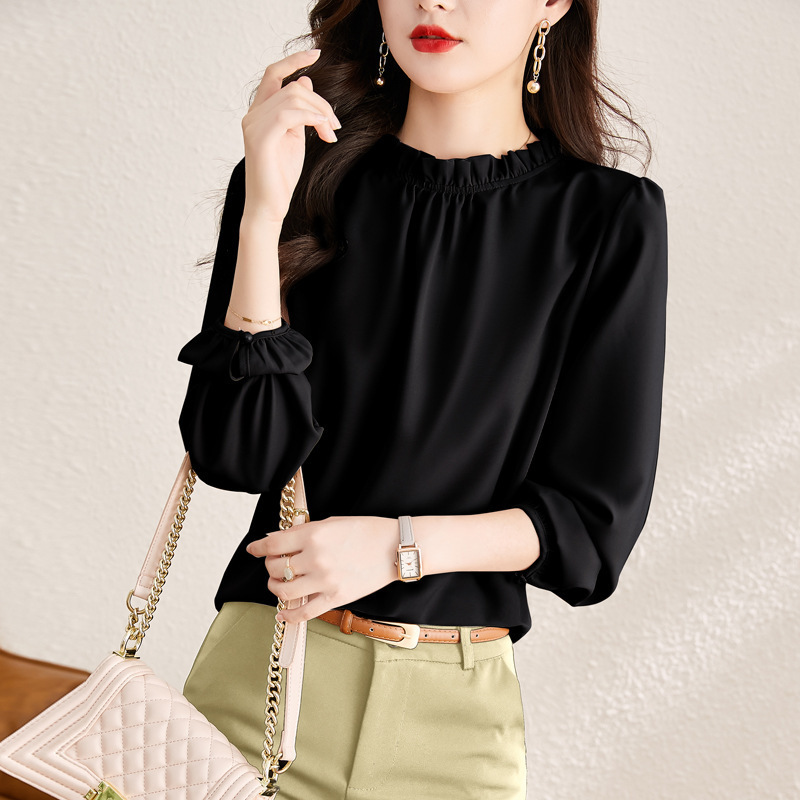 Elegant Drapey Half-High Collar Silk Shirt for Women, 2026 Autumn New Style, Pullover, Simple Loose-Fitting Thin Silk Top Elegant Drapey Half-High Collar Silk Shirt for Women, 2026 Autumn New Style, Pullover, Simple Loose-Fitting Thin Silk Top
