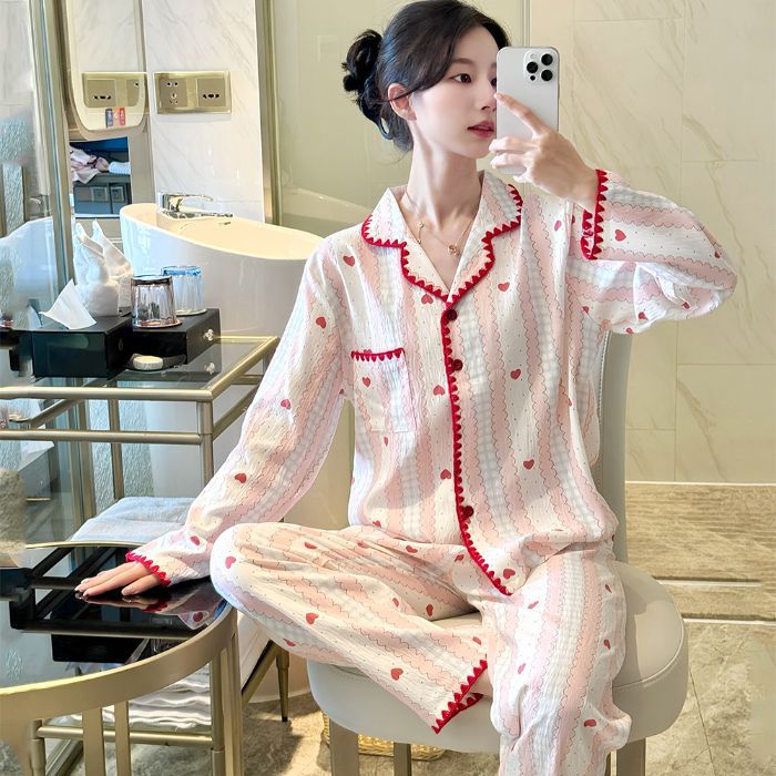 Venta al por mayor transfronteriza celebridades de Internet estilo caliente primavera y otoño nuevo estilo pantalones de manga larga pijamas de algodón que no son para la piel traje fresco de encaje de media luna para mujer