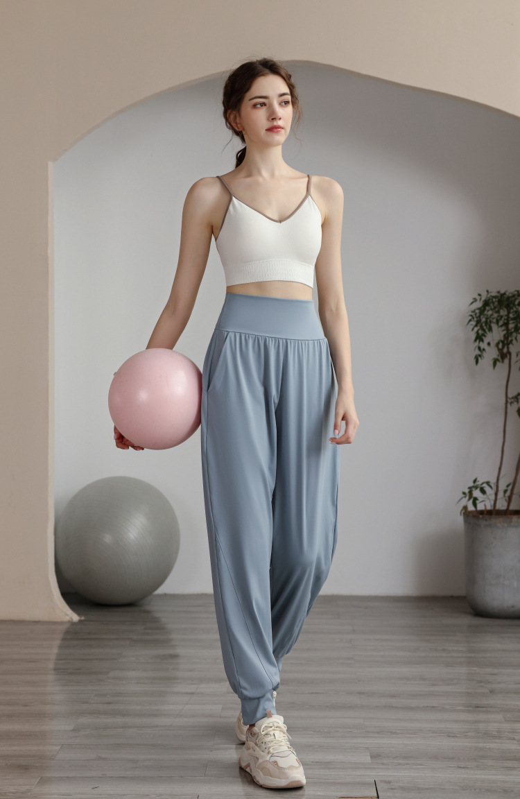 Calças esportivas soltas de náilon de cintura ultra alta para mulheres com laço fechado e leggings para calças de ioga emagrecedoras,_voghion.com