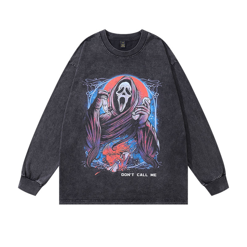 TKPA Skull Print Long-Sleeve T-Shirt Streetwear Trendy Retro Washed Loose Pure Cotton Vintage Men's T-SHIRT