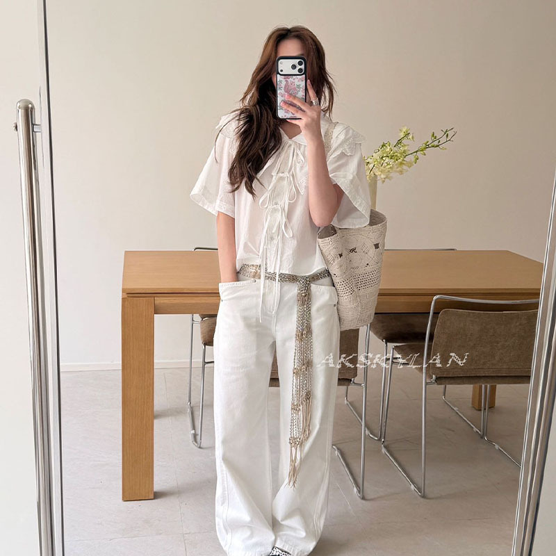Akskylan Korean-Style Low-Waist White Wide-Leg Jeans for Women, Loose Straight-Leg Versatile Floor-Length Pants for Women 9636 Akskylan Korean-Style Low-Waist White Wide-Leg Jeans for Women, Loose Straight-Leg Versatile Floor-Length Pants for Women 9636