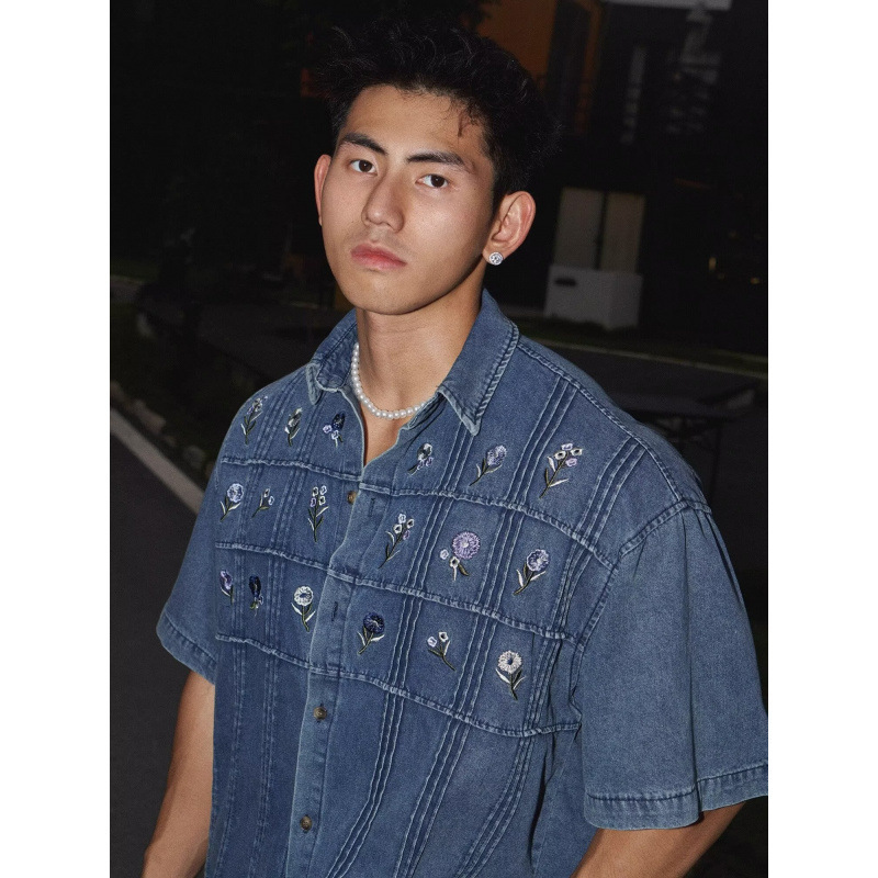 Cross-Border Popular Small Flower Embroidered Denim Shirt for Men and Women 2025 New Loose Bf Style Japanese Style Retro Cardigan Top