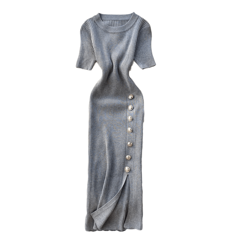 Dámske oblečenie nové obľúbené dámske oblečenie verzia jednoduché jednofarebné prsia štíhle krátke rukávy pletené bedrové šaty_voghion.com