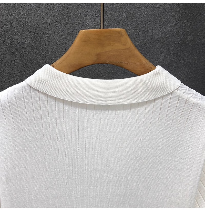 Herren Polohemd Gestrickt Gestreift Eisseide Kurzarm V-ausschnitt_voghion.com