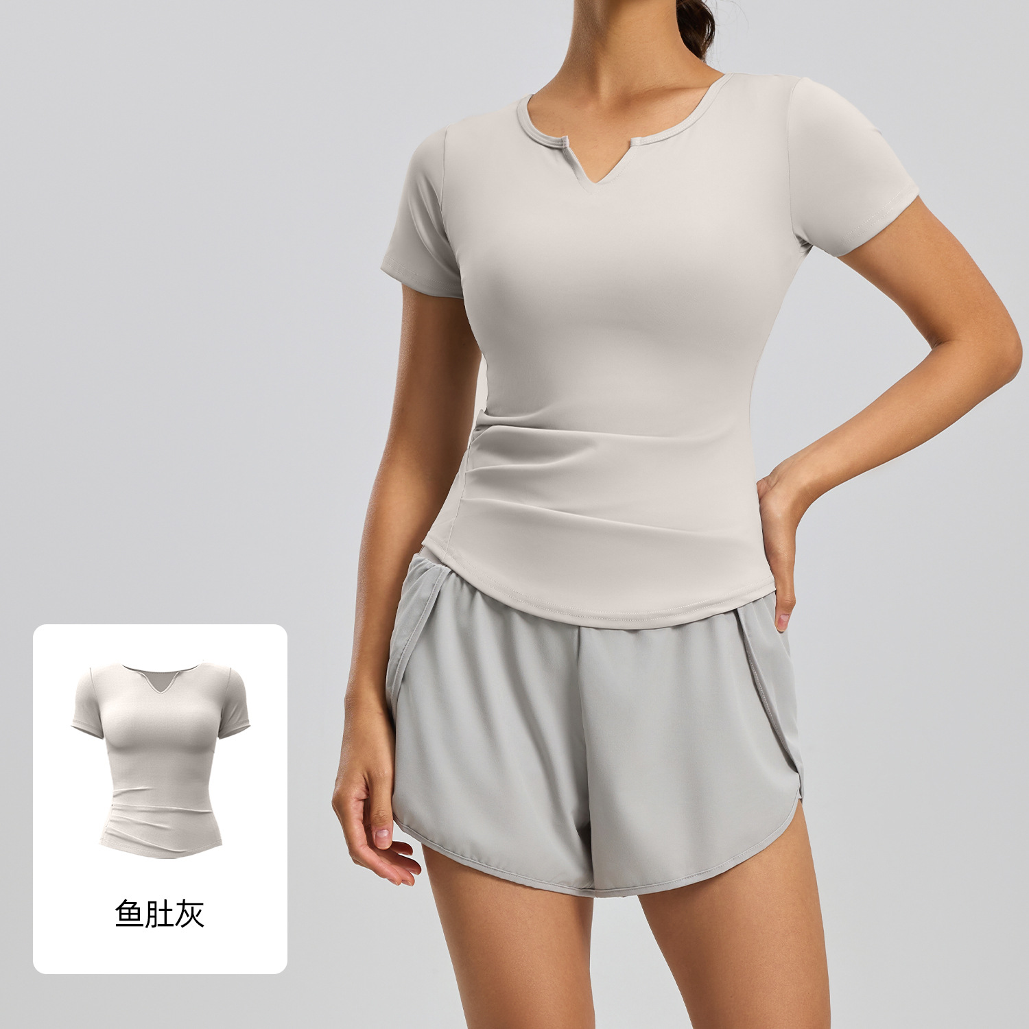 Juyitang Yoga con cuello en V Manga corta Desnudo de secado rápido Fitness plisado Top deportivo Mujer corriendo