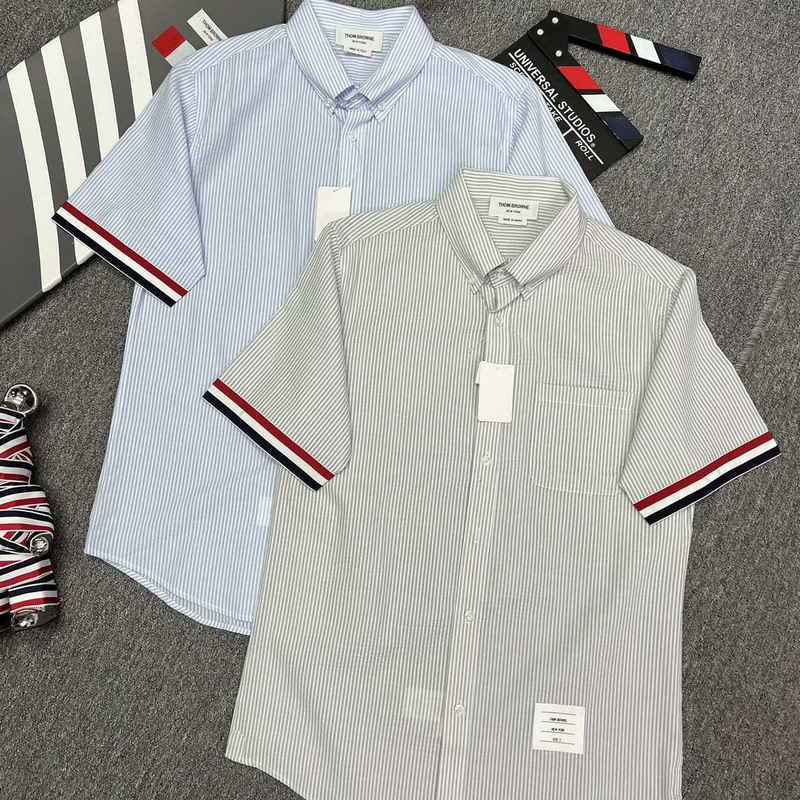 Factory Store High-Quality Summer Short-Sleeve Shirts for Men and Women with Double Sleeves, Striped Ribbons, and Pointed Collars, Suitable for Couples