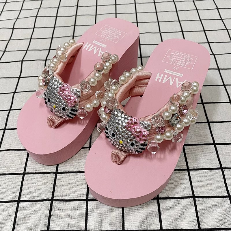Damen Plattform Flip Flops Mit Strass Und Kitten Motiv_voghion.com