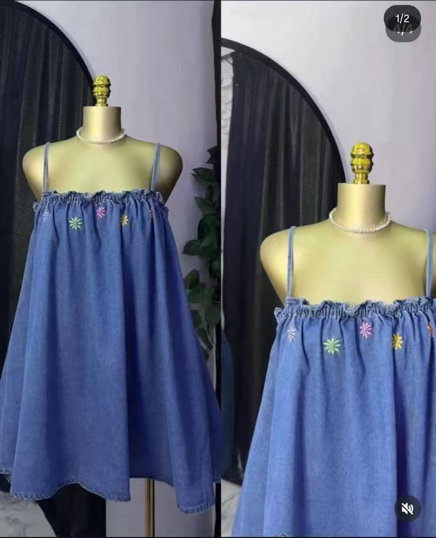 Women's Denim Suspender Dress New Style Floral Embroidery Loose A-Line Short Skirt_ecoleips.com