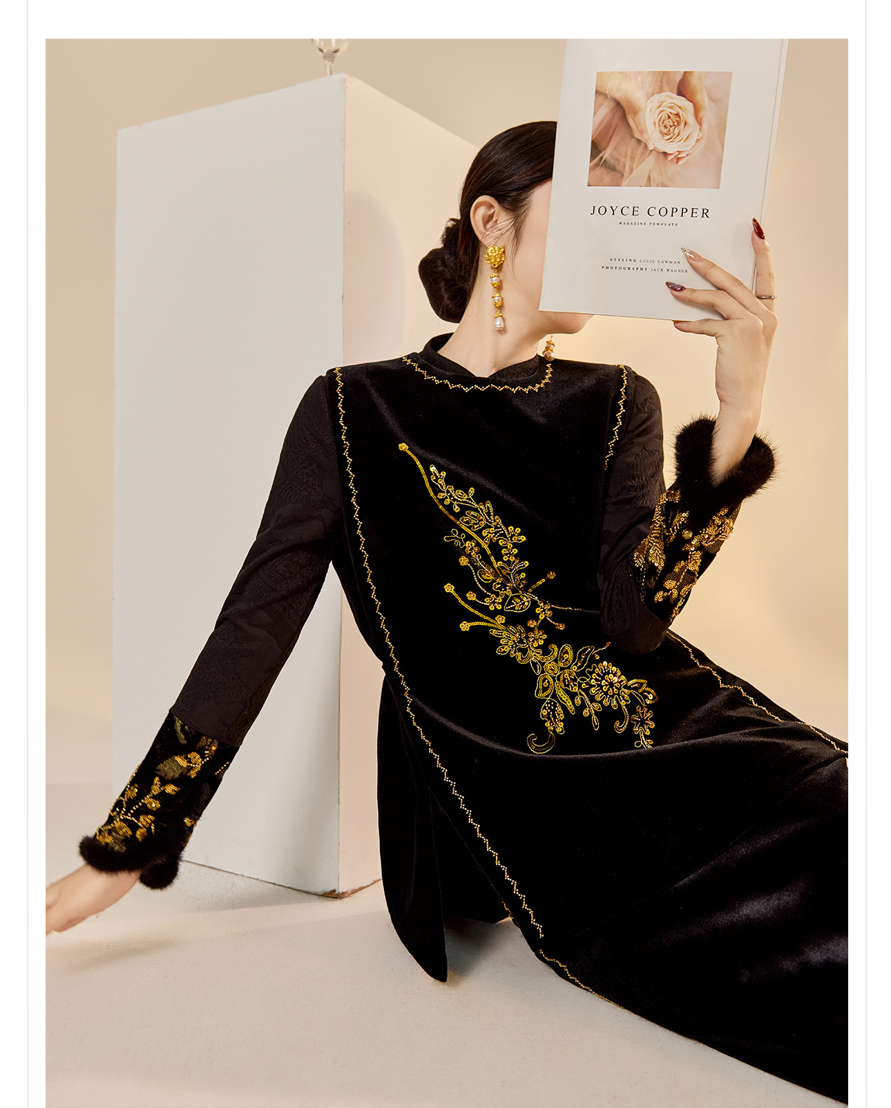 Áo vest nhung đính cườm retro không tay kết hợp chân váy đồng bộ NX005 — váy, áo vest chi tiết 3