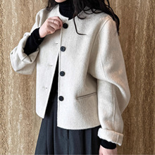 70%羊毛冬季新款短款双面呢大衣女韩国气质极简圆领外套5050