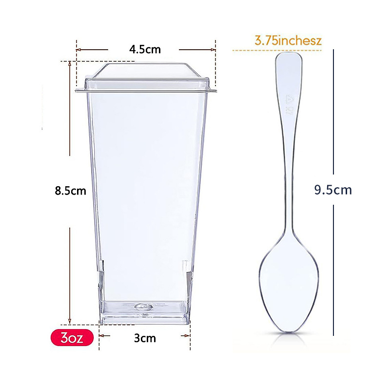 Amazon transfronterizo desechable PS taza de plástico transparente dura taza de pastel de mousse taza cuadrada con cubierta y cuchara conjunto