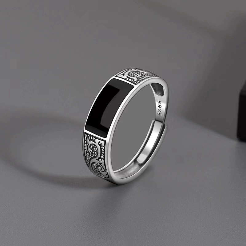 Men's Ring, 925 Silver, Retro Enamel Accent, One-Size Small Adjustable