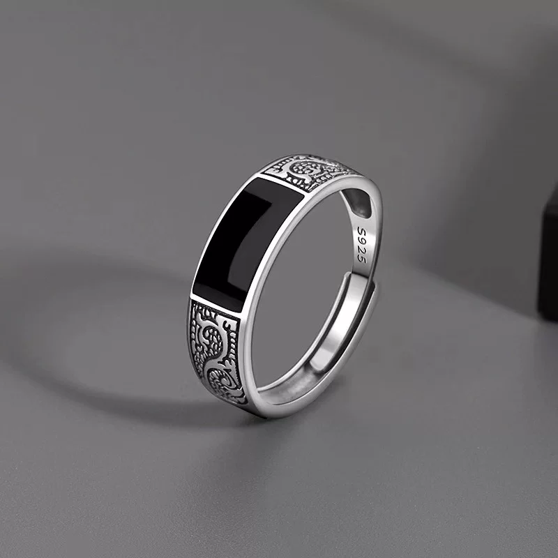 Men's Ring, 925 Silver, Retro Enamel Accent, One-Size Small Adjustable
