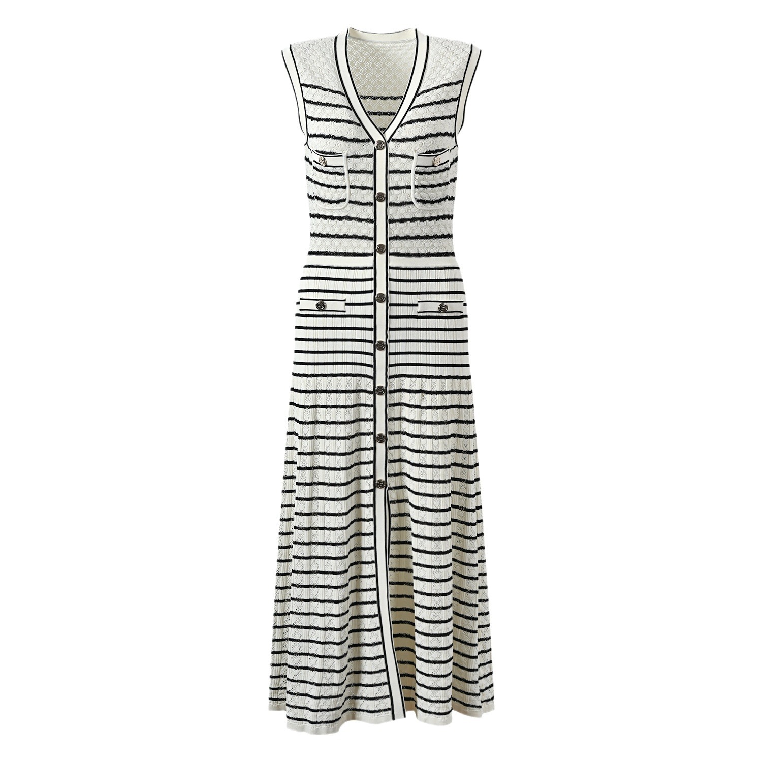 Women's Clothing Spring Summer Women's Sleeveless Long Knit Dress French Style Openwork Color Block Striped V Neck Elegant Bestseller_ecoleips.com