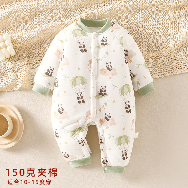 新生婴儿薄棉连体衣秋冬150克夹棉对开连体衣初生宝宝保暖爬爬服