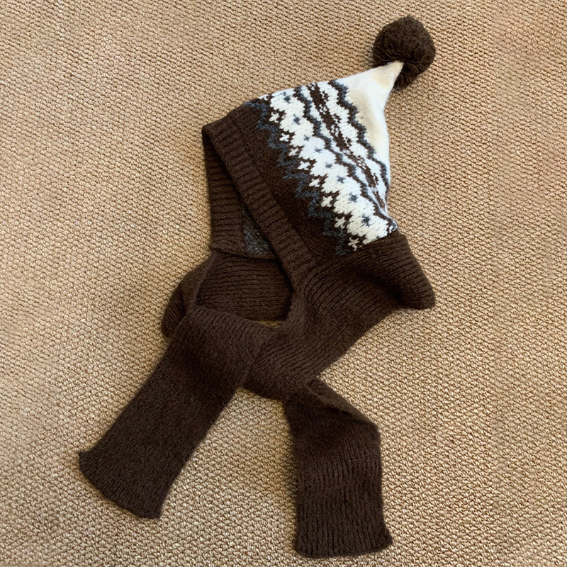 フェア島風毛糸帽子女子秋冬レトロ百合大頭囲保温ニット帽子顔小耳保護帽子