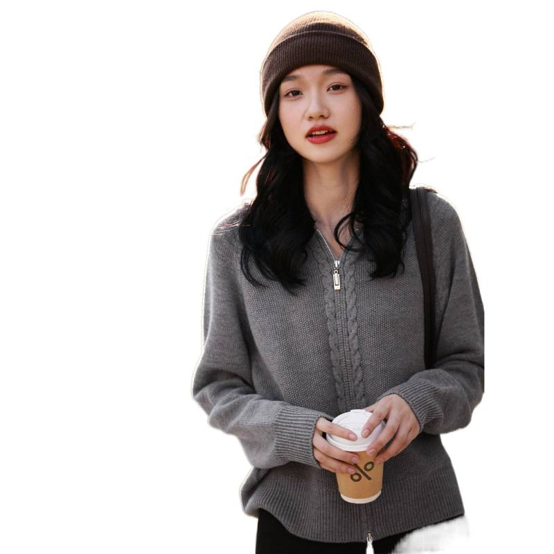 Doble cremallera capuzada jersey jersey jersey de punto Cardigan de otoño y invierno de mujer blusa holgada estilo perezoso chaqueta de punto de alta calidad image 5