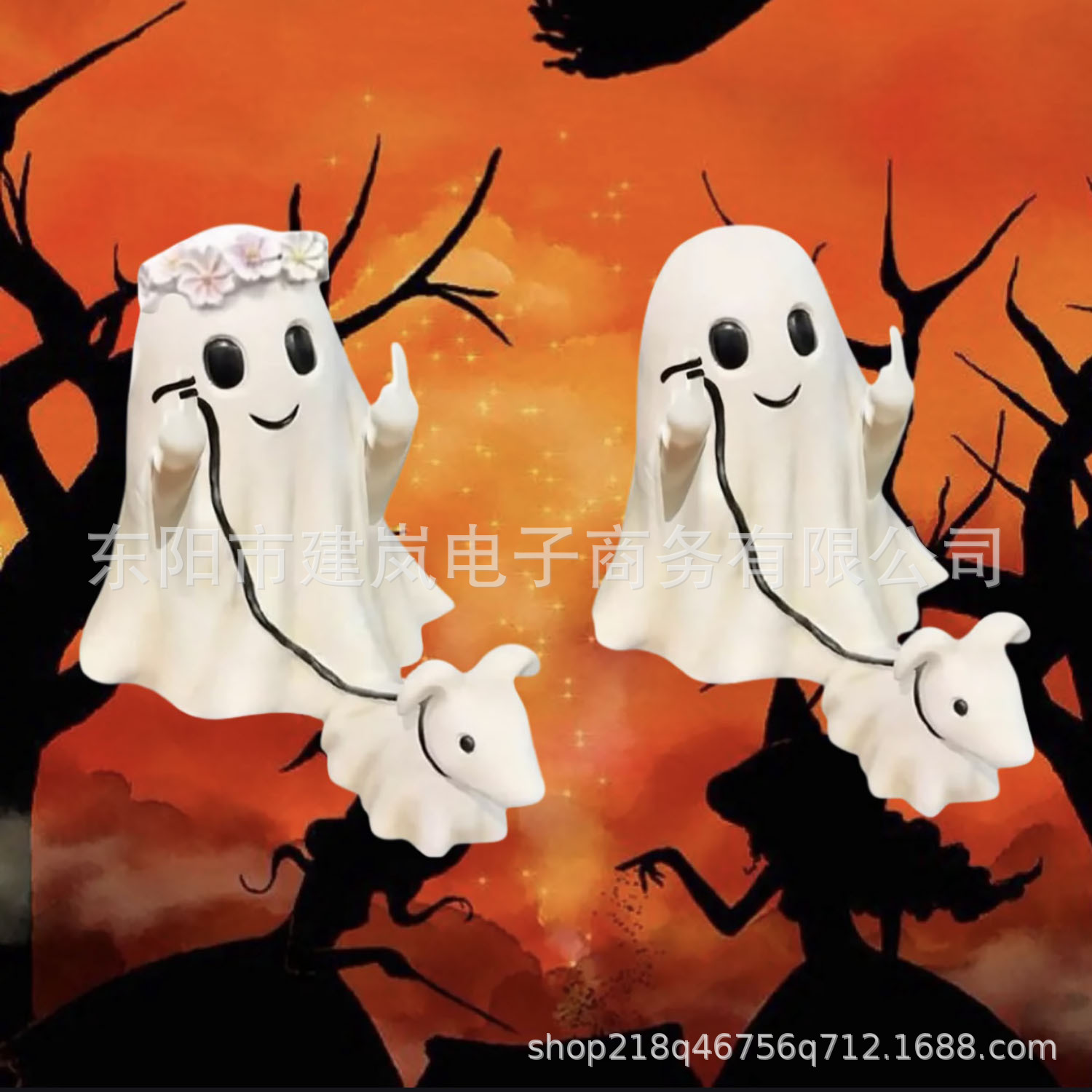 跨境Halloween Ghost Walking Dog Statue万圣节中指幽灵牵狗摆件-阿里巴巴