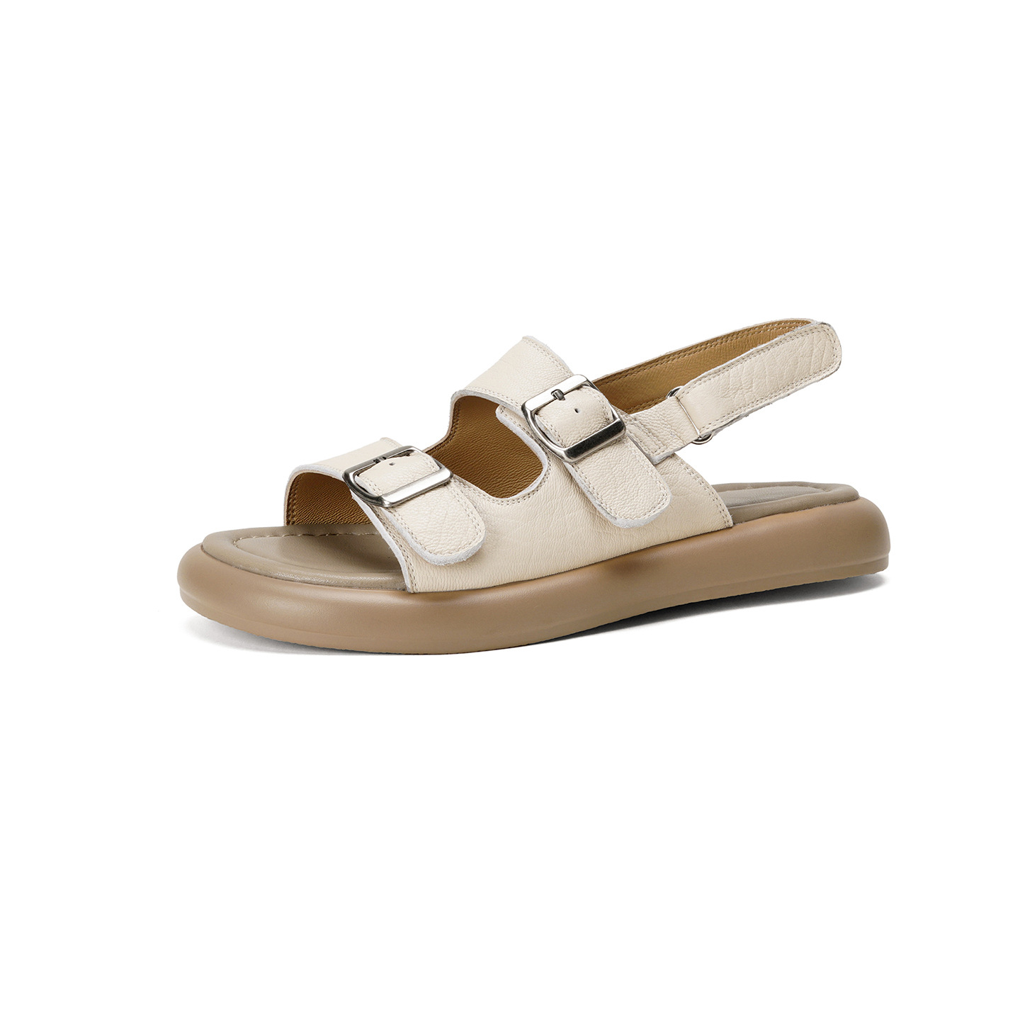 Sandal nữ quai ngang đế bệt da cừu lộ ngón chân phong cách đơn giản — đen