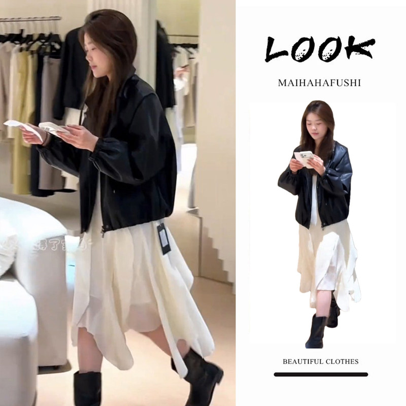 Cool and Stylish Age-Reducing Outfit for Women, Spring Season, Black Leather Jacket, Irregular White Dress Two-Piece Set