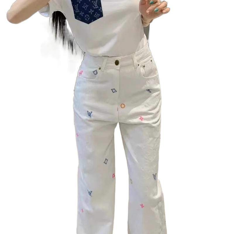 白色小香风牛仔裤女2025年秋季高腰刺绣小众设计感窄版宽松直筒裤|undefined