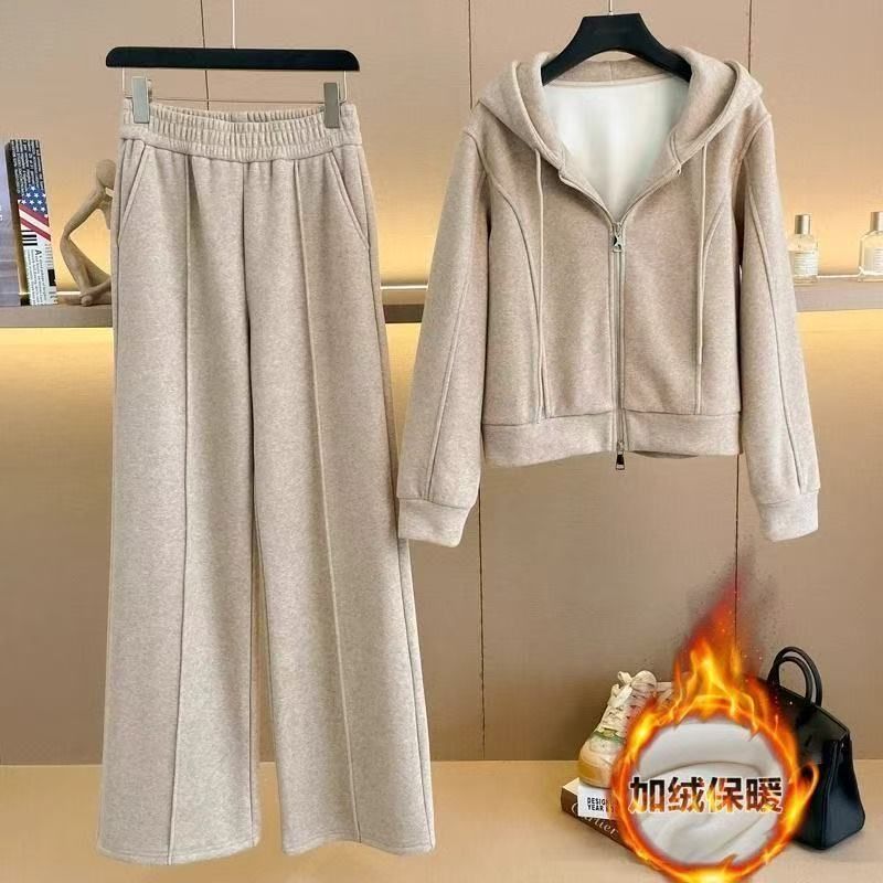 Velvet Casual Sports Suit Women's Autumn and Winter 2025 New Loose Slimming Look Double Hooded Sweatshirt Wide Leg Pants Two-Piece Set