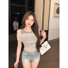 夏季新款纯欲性感蝴蝶结假两件一字肩显瘦辣妹蕾丝衫T恤上衣女