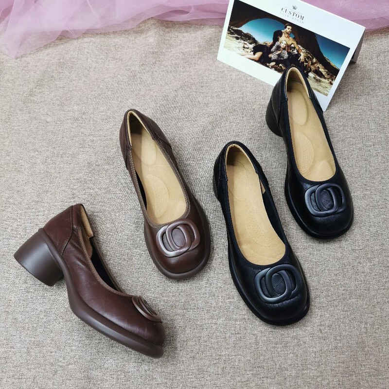 6168 Chengdu Handmade Genuine Leather Off-Size Special Price Women's Shoes Thick Medium Heel Flats Scoop Shoes Versatile Popular Cowhide