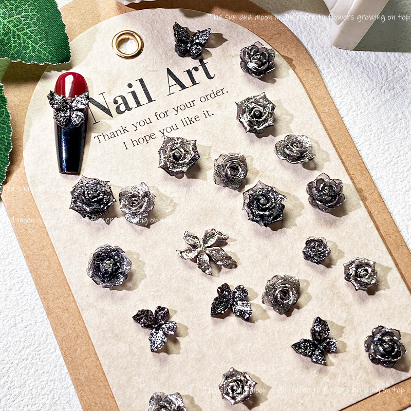 Retro Black Silver Soft Flower Nail Art Jewelry Mixed Rose Butterfly Nail Art Material Resin Accessories Nail Drill Accessories