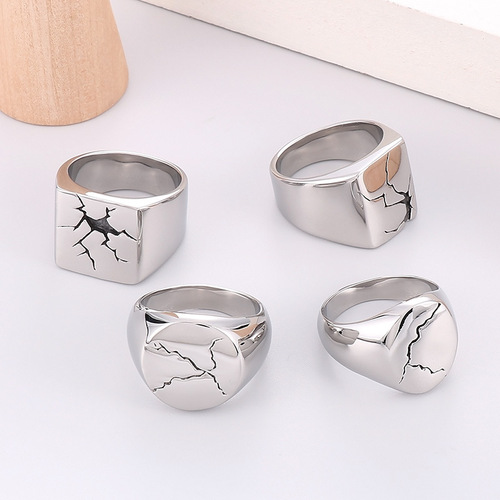 European and American cross-border trendy stainless steel wide-faced ring, simple and personalized design, black cracked round face men's ring