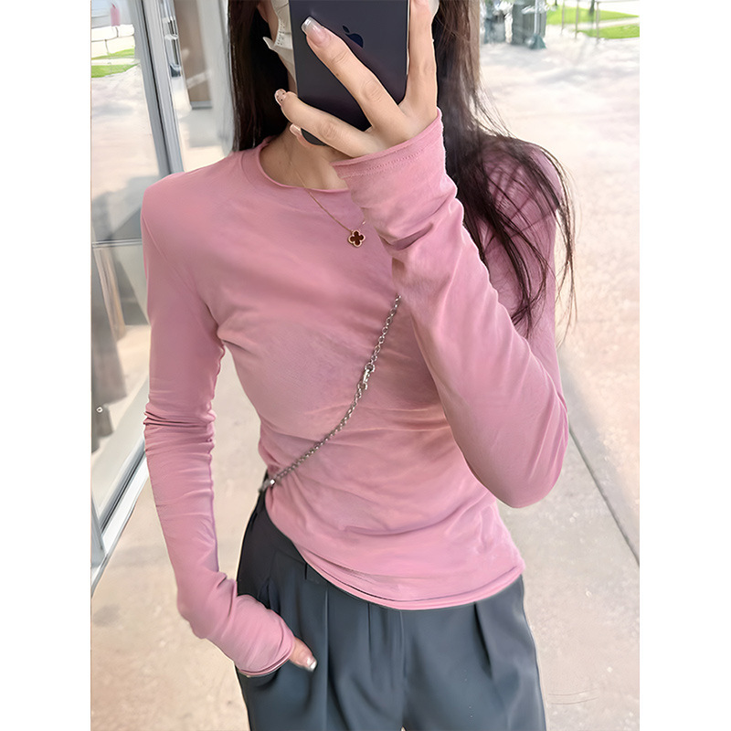 Solid Color Thin Long-Sleeved Top for Women Korean Style Curled Basic T-Shirt Autum Slim and Versatile Western-Style Bottoming Shirt