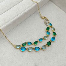 时尚轻奢通勤小众设计ins蓝绿渐变水滴状锆石拼接设计孔雀项链