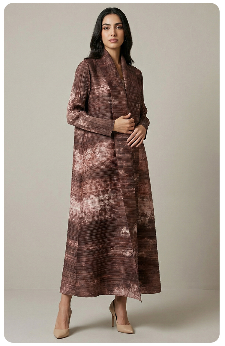 Miyake Cross-Border Foreign Trade Middle Eastern Best-Selling Autumn Muslim Robe Cape Printed Women's Arabic Tie-Waist_ecoleips.com