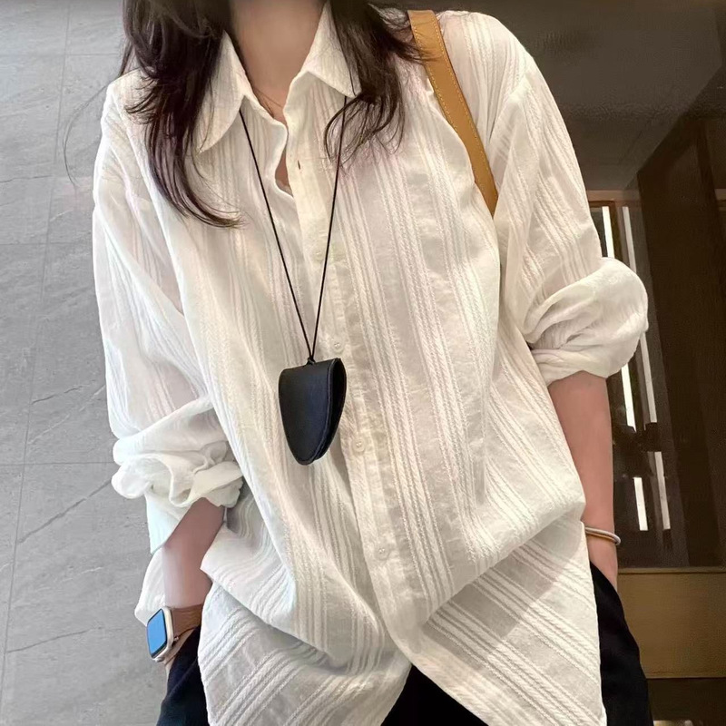 Vertical Striped Pure Cotton Jacquard White Shirt for Women, Spring and Summer, Relaxed Fit, Loose Style, Versatile Long-Sleeve Shirt, Sun Protection Clothing Vertical Striped Pure Cotton Jacquard White Shirt for Women, Spring and Summer, Relaxed Fit, Loose Style, Versatile Long-Sleeve Shirt, Sun Protection Clothing