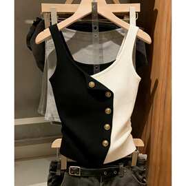 法式纯欲风设计感斜肩背心吊带女夏季新款撞色拼接显瘦针织上衣潮