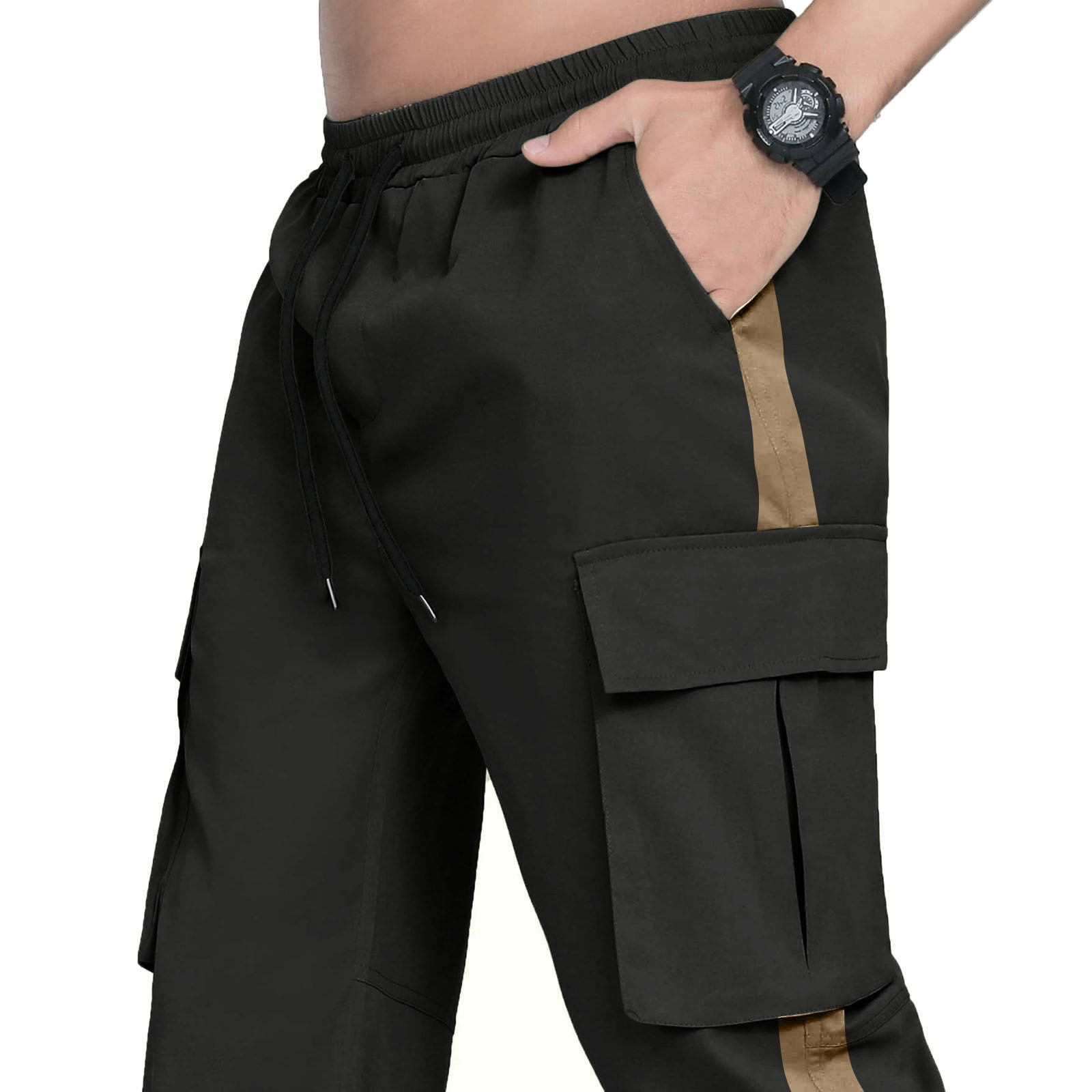 2023 Spring Autumn New Men's Work Pants European Drawstring Multi-Pocket Contrast Color Trousers for Men_voghion.com