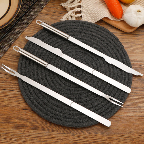 Amazon stainless steel barbecue knife and fork set household barbecue tools roast lamb leg round handle flat handle extended handle knife and fork