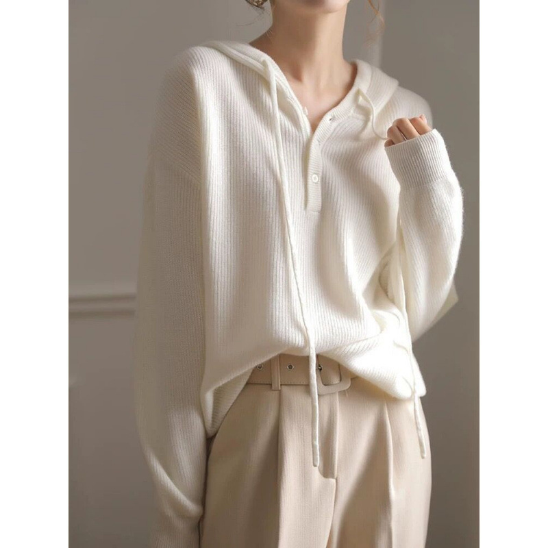 羊毛慵懒风连帽针织衫女秋 宽松显瘦 V 领纯色羊毛衫奶奶灰