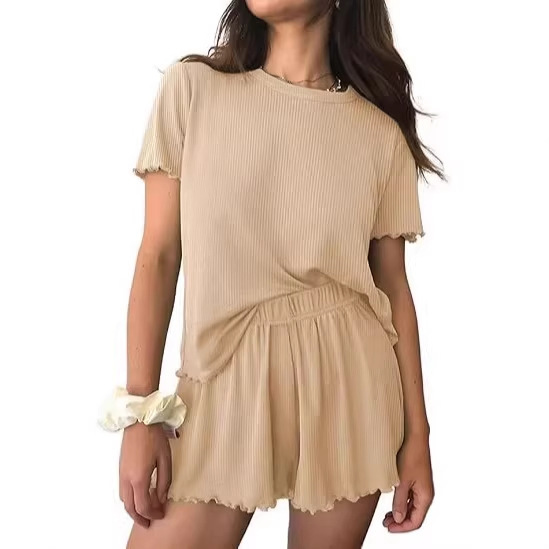 Amazon Women's Pajamas 2-Piece Ribbed Knit Short Sleeve Set Summer Casual Japanese and Korean Style Thin Style