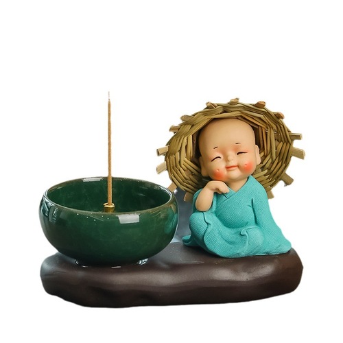 Nuejie Creative Cute Grass Hat Monk Zen Aroma Diffuser Desk Ornament Sandalwood Agarwood Incense Holder Aroma Seat