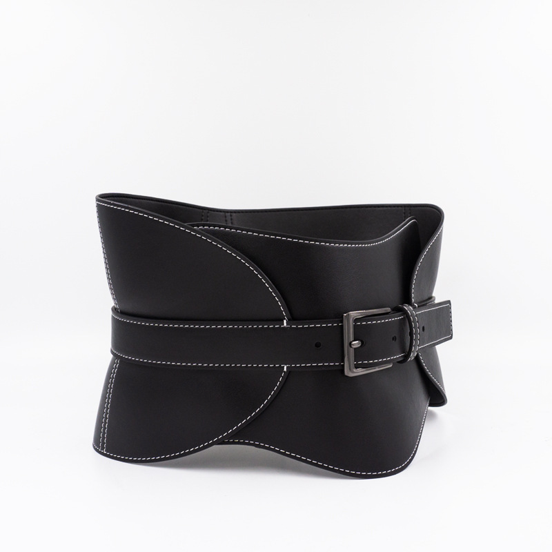 Bright Line cowhide waist seal genuine leather women's wide belt black pin buckle fashion soft leather dress decorative belt