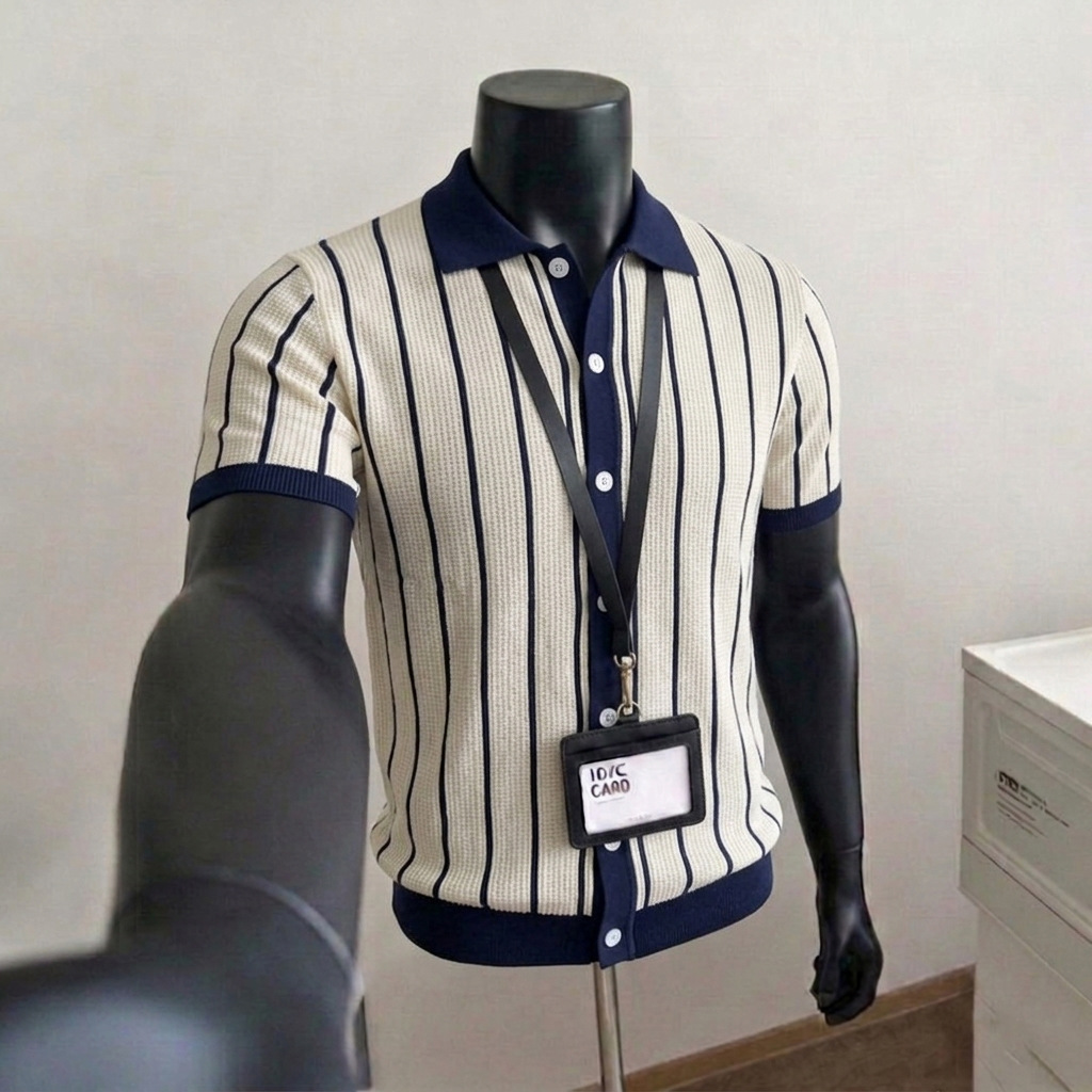 Camisas polo de cuello V camisa de punto de manga corta hombre cardigan rayas viejas líneas de hielo de viento de verano fábrica transfronteriza al por mayor