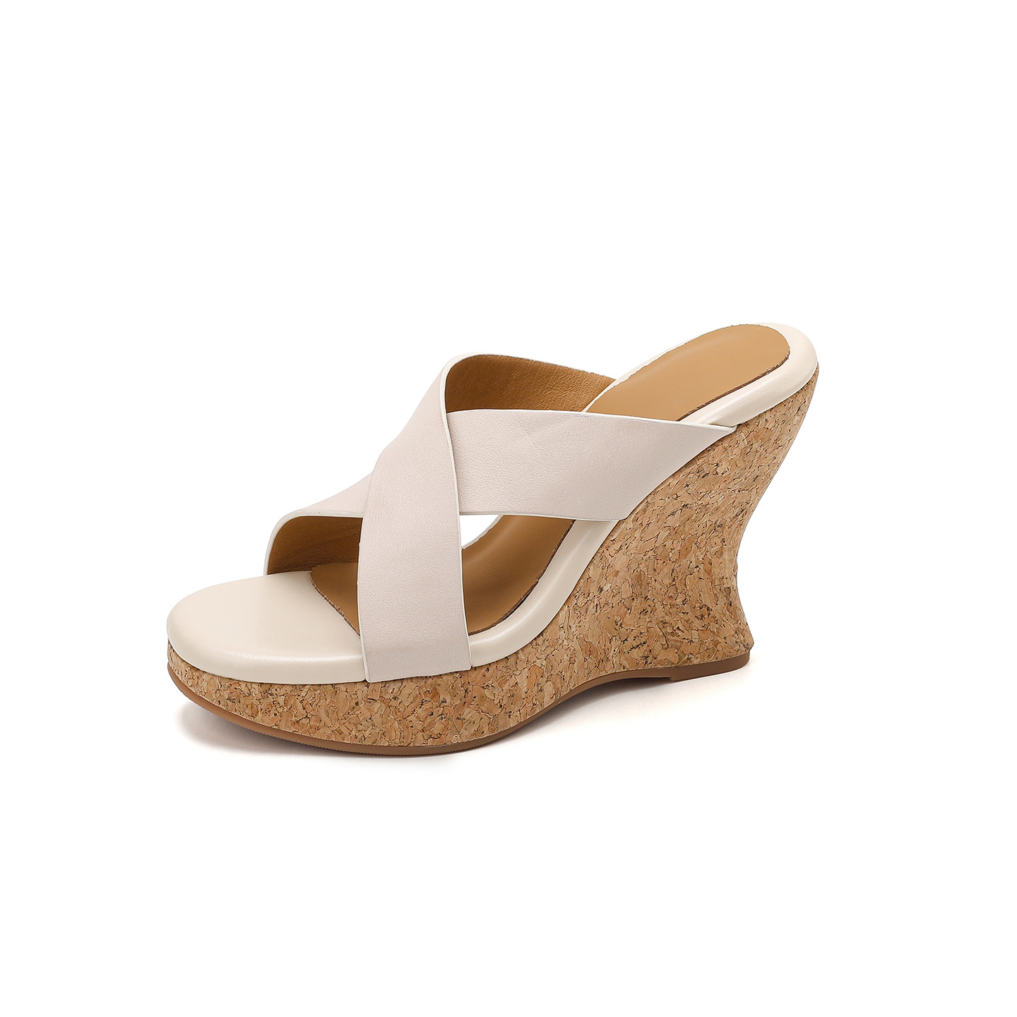 Sandal cao gót nữ quai chéo hở mũi đế xuồng tăng chiều cao — màu nâu, Hồng tím, màu trắng ngà
